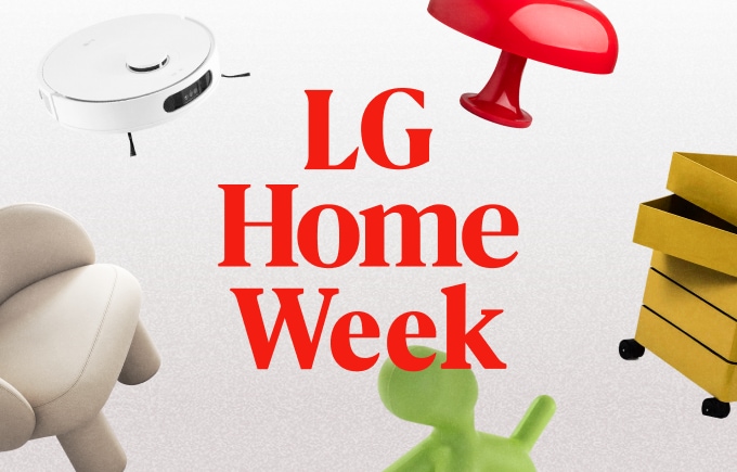 베이지색 배경에 가운데에 붉은 글씨로 "LG Home Week"라고 써있는데 주위에는 여러 가전&가구 3D 오브제들이 떠다니는 이미지